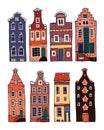 Amsterdam colorful vector sketch hand drawn illustration. Set of cartoon outline houses facades Royalty Free Stock Photo